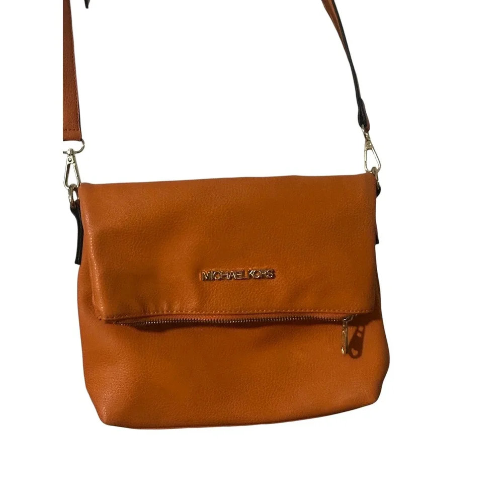 Michael Kors Burnt Orange Pebbled Leather Foldover Crossbody Bag Gold Hardware